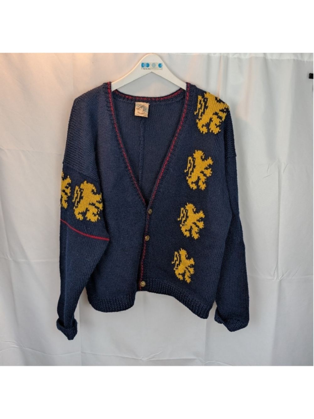 Handmade Wool Navy Cardigan with Yellow Lion Accents Size L In VGUC